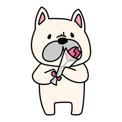 一輪の花を持っているフレンチブルドッグ