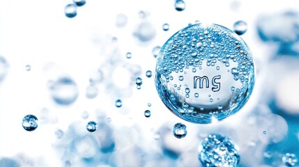 Water droplets with small bubbles in them, surrounded by colorful circles and magnesium symbols in them, the concept of mineral water that has many good elements for the body