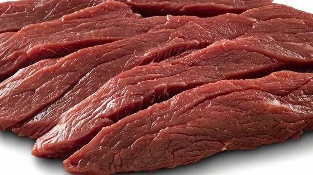Freshly sliced lean beef cuts arranged neatly on a white surface ready for cooking or grilling at a home kitchen