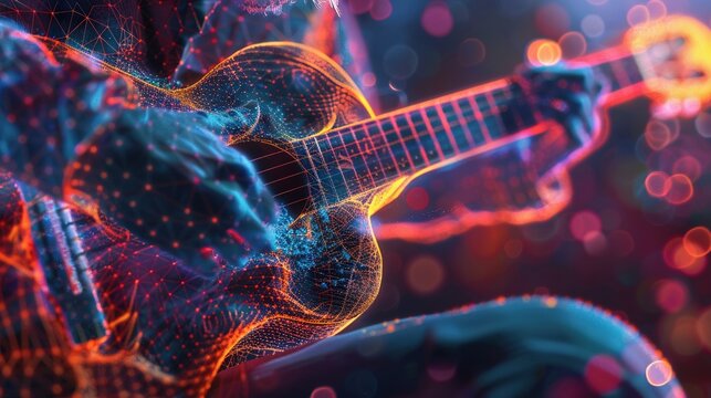 closeupA dreamlike wireframe mesh depiction of music notes morphing into birds, taking flight and carrying melodies across the sky  ,Music