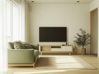 
A stylish living room soft warm sofa complemented by a simple TV. The Scandinavian living room includes a two-tone rug and greenery by the windows