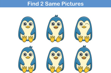 Funny cartoon penguin. Find two same pictures. Educational game for children. Cartoon vector illustration