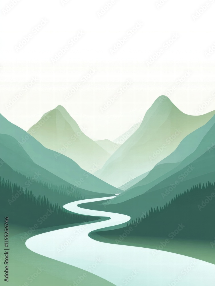 Poster winding river flows through green mountain range offering a minimalist template for creative text pl