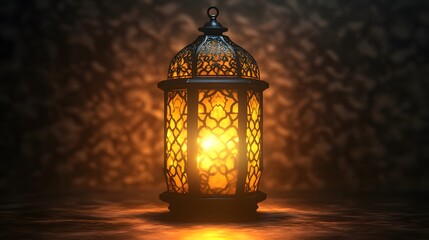 A glowing lantern surrounded by Islamic patterns, isolated on transparent
