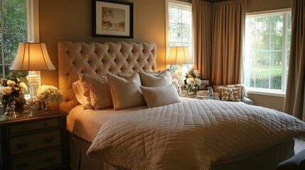 Elegant bedroom with a tufted headboard bed, soft lighting, and a neutral color palette