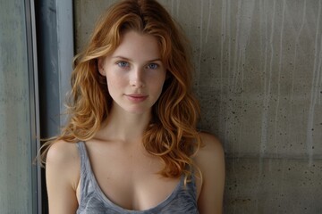 Fototapeta premium Portrait of a young woman with wavy red hair in a casual gray tank top, standing against a concrete wall with a serene expression.