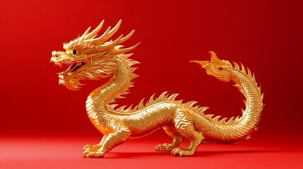 Fototapeta premium A golden dragon statue on a red background, isolated on white
