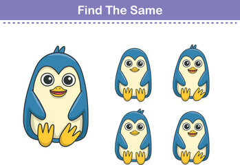 Funny cartoon penguin. Find same pictures. Educational game for children. Cartoon vector illustration