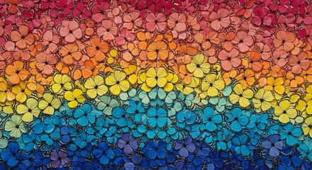 An intricate mandala pattern formed entirely of butterflies in a gradient color palette