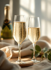 Prosecco or white wine in beautiful glasses