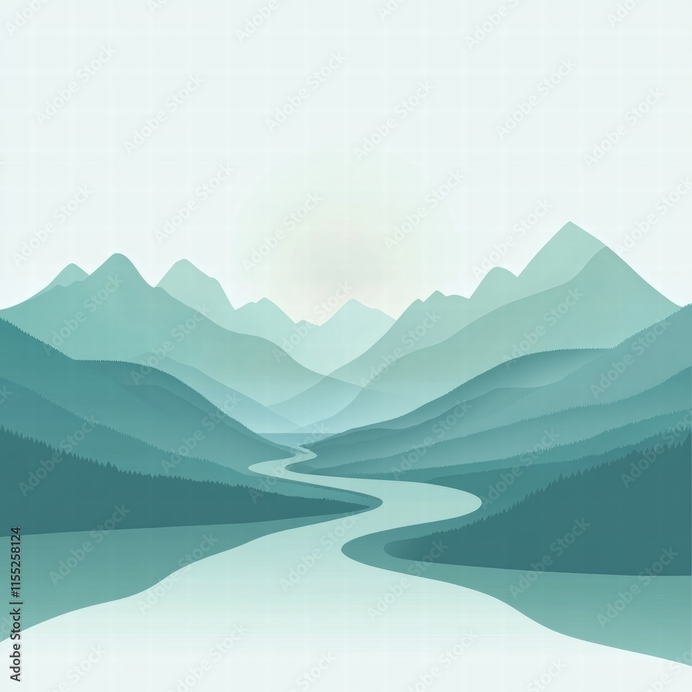 Poster Winding river through a tranquil mountain range with minimalist space for text and design elements. Generative AI