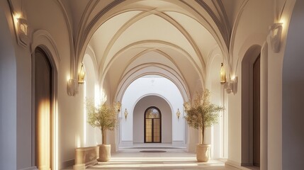 Obraz premium Entryway with a Spanish white barrel-vaulted ceiling and artistic archways for elegance