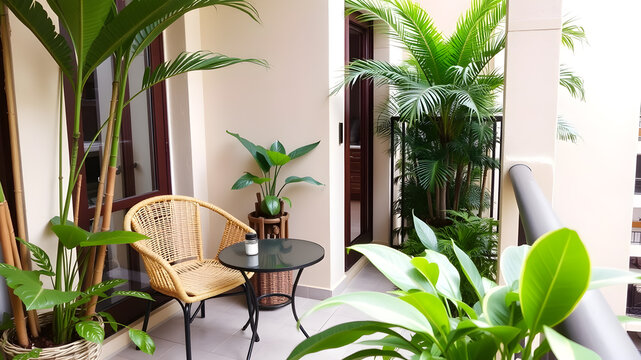 Tropical-themed balcony with a small table, rattan chair, and green plants. Generative AI