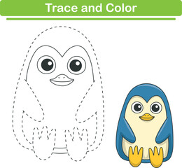 Handwriting Practice. Tracing lines and coloring penguins for children. Vector Illustration