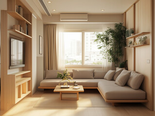 Fototapeta premium A stylish minimal modern living room soft warm sofa complemented by a simple TV. The Scandinavian living room includes a two-tone rug and greenery by the windows