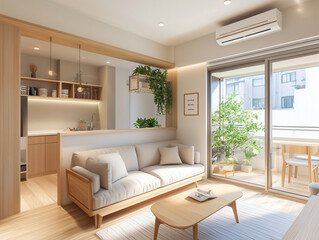 Fototapeta premium A stylish living room soft warm sofa complemented by a simple TV. The Scandinavian living room includes a two-tone rug and greenery by the windows