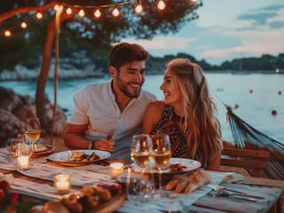 A cheerful couple enjoying a romantic dinner by the sea announce their marriage under twinkling lights at sunset.