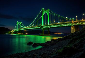 Naklejka premium A large illuminated bridge over a body of water at night, with the bridge structure lit up in green lights against a dark sky