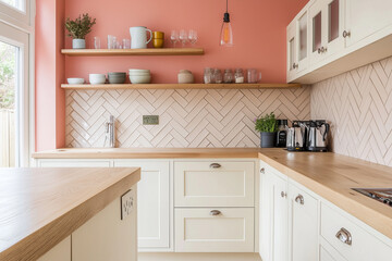  A minimal Scandinavian kitchen with cabinets and a warm wooden countertop, complemented by natural wood shelves
