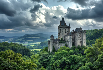 A large medieval castle with multiple towers and spires set against a cloudy sky, surrounded by lush green forests and hills in the background