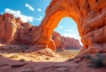 A large natural sandstone arch in a desert landscape, with rugged red rock formations and a clear blue sky in the background