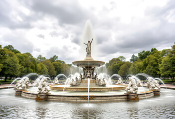A large ornate fountain with a central statue surrounded by smaller statues and water jets in a formal garden setting with trees and a cloudy sky in the background