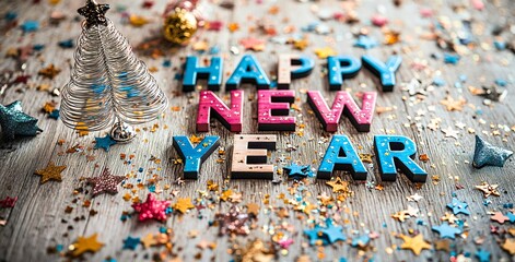 New Year greeting, tree, confetti decorations