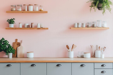  A minimal Scandinavian kitchen with cabinets and a warm wooden countertop, complemented by natural wood shelves