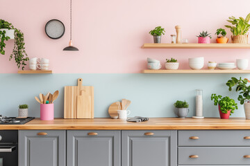  A minimal Scandinavian kitchen with cabinets and a warm wooden countertop, complemented by natural wood shelves