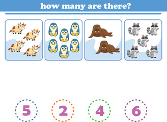 Counting game of wild animals for preschool kids. Printable. Vector Illustration