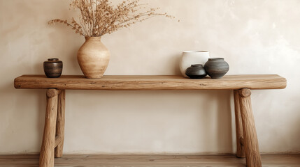 A rustic wood console table, placed against a beige stucco wall. for a modern entrance hall home, Japandi style 