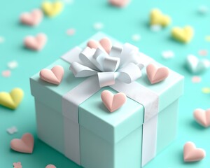 White gift box with pastel colored hearts on a soft teal backdrop