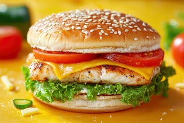 Delicious fish burger with tomatoes, cheese slices and fresh lettuce on yellow and red background 