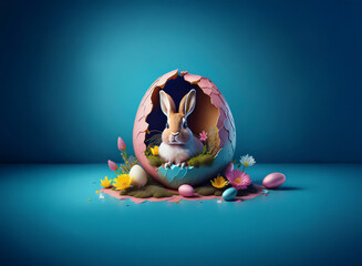 A fluffy bunny peeks from a cracked pastel egg nestled amongst spring blossoms and colorful eggshells on a vibrant blue background.  This adorable Easter scene is perfect for spring celebrations.