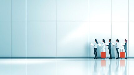 Fototapeta premium Travelers waiting in line with luggage at modern airport terminal