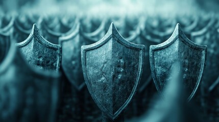 Army Of Protection Rows Of Weathered Shields Symbolizing Security, Defense, And Resilience