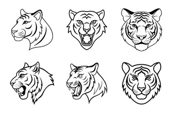 Tiger head liner set illustration. Animal face silhouette vector illustration