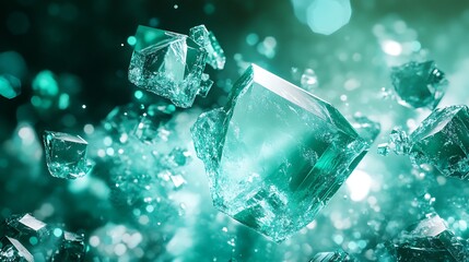 Obraz premium Shattering Teal Crystals: A Dynamic 3D Render in Vibrant, Abstract Style. AI Generated