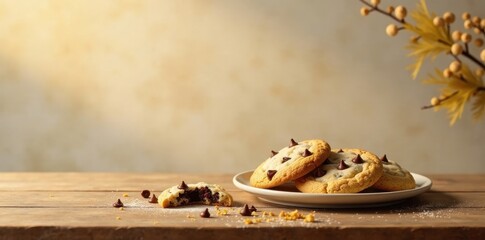 A tempting arrangement of freshly baked chocolate chip cookies on a rustic wooden table, with one cookie broken to reveal its delicious interior, beside a sprig of autumnal flora.