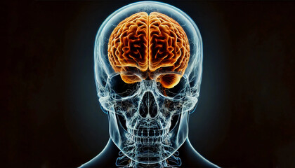X-ray view of a human head, featuring a detailed visualization of the brain within the skull. The brain is illustrated in vibrant colors, highlighting structure of the cerebrum and cerebellum.