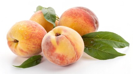 peaches with leaves highlighted on white or clear. Dietary nutrition, vegetarianism