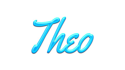 Glowing blue effect of name Theo on white background.	