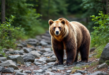 A brown bear standing on a rocky path in a forested environment, surrounded by lush green vegetation