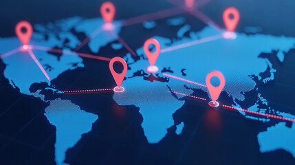 Digital world map with animated tracking and location markers