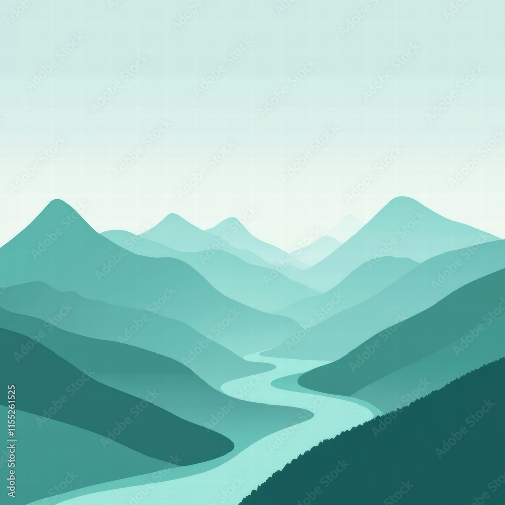 Poster winding river flows through serene mountain range with space for text and minimalist design. generat