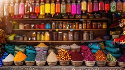 Fototapeta premium Colorful Moroccan marketplace with spice stalls