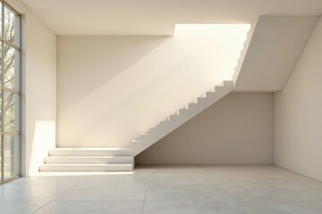 Obraz premium Modern Minimalist Interior Design Featuring a Clean White Staircase and Sunlit Room