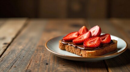 A delectable slice of toasted bread, generously spread with rich chocolate hazelnut spread and adorned with fresh strawberry slices, rests elegantly on a rustic wooden table.