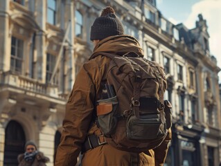 A person in a brown jacket and beanie stands on a city street with a mobile phone visible in their backpack pocket. The background shows classic buildings under a cloudy sky.