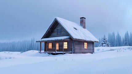 Cozy rustic cabin exterior in snowy landscape